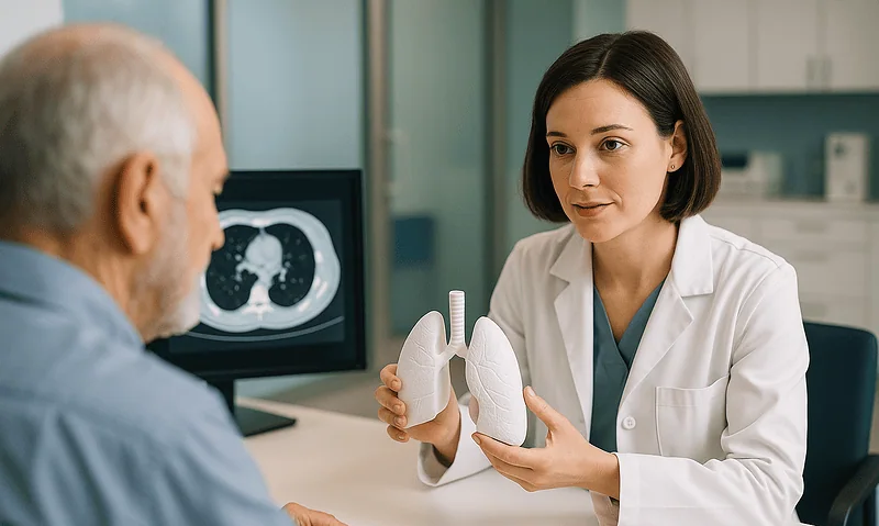 Doctor explaining lung anatomy to a patient in a medical consultation.