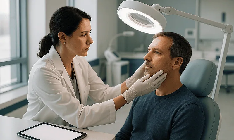 Doctor examining male patient in a clinical setting with a magnifying lamp.