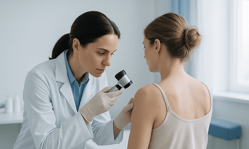 Dermatologist examining patient's skin with a magnifying glass at Acibadem Hospital.