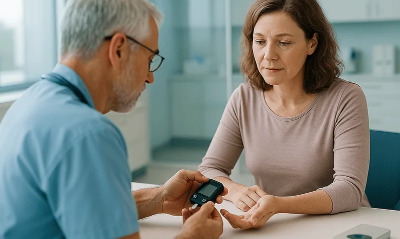 Doctor checking blood sugar levels of a woman patient in a clinical setting.