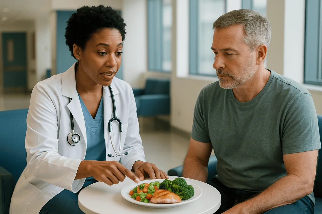 Doctor consulting patient about healthy diet plate: Metabolic syndrome lifestyle changes: what "eat better" means in practic