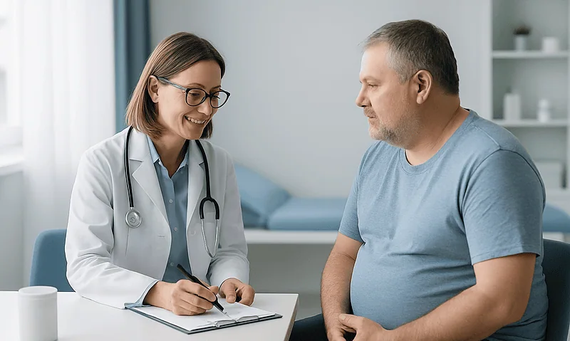 Doctor consulting with a male patient in a medical office.