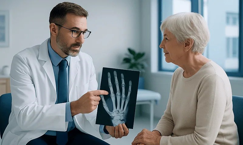 Doctor explaining hand X-ray to elderly patient in clinic.