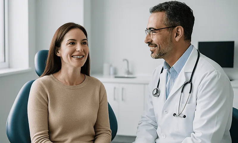 Dentist consulting with a female patient in a modern clinic setting.