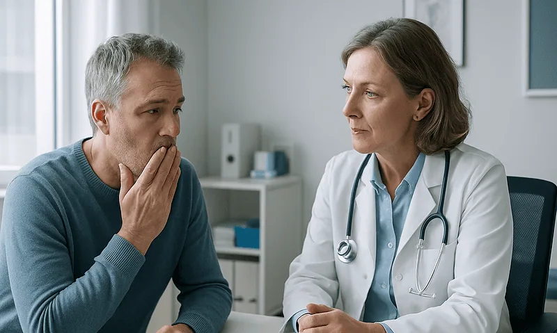 Doctor consulting with a middle-aged male patient in a medical office.