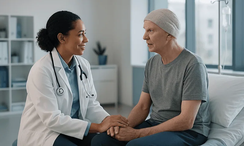 Doctor comforting a patient in a hospital room.