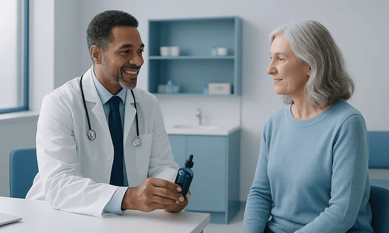Doctor explaining medication to elderly woman in clinic setting.