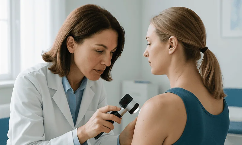 Dermatologist examining a patient's skin with a dermatoscope at Acibadem Hospital.