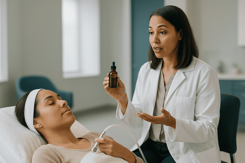 Dermatologist demonstrating skincare product to patient: Microdermabrasion vs chemical peel at a glance