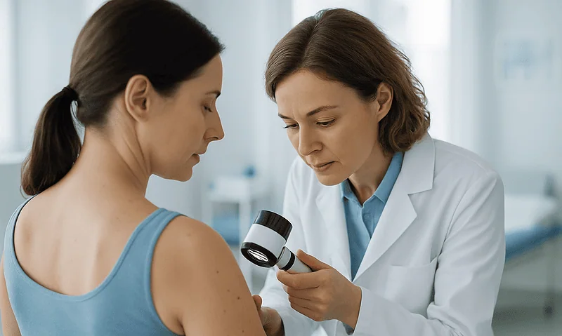 Dermatologist examining patient's skin with a magnifying glass in a clinical setting.
