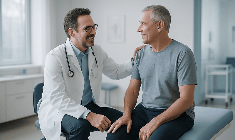 Doctor consulting with a middle-aged male patient in a hospital room.