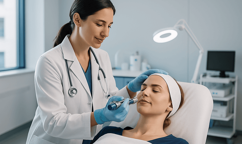 Medical professional performing microneedling treatment on a patient.