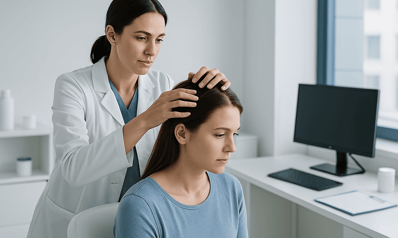 Doctor performing scalp treatment for hair loss in a clinical setting.