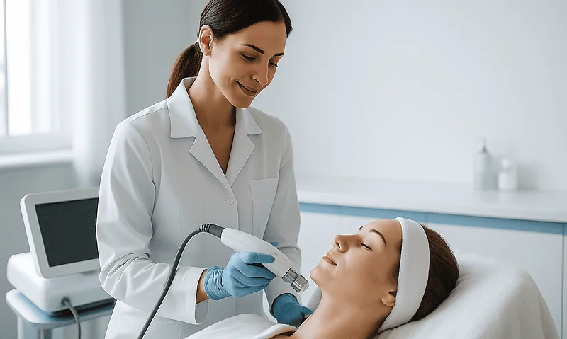 Skilled dermatologist performing microneedling radiofrequency treatment on a patient.