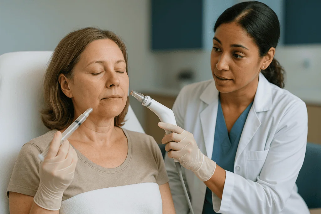 Dermatologist performing microneedling treatment on mature woman patient: Microneedling vs mesotherapy for face: the side-by