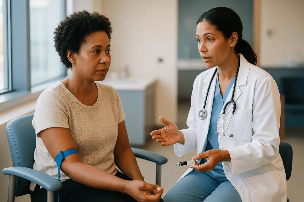 Doctor consulting patient with blood pressure cuff: Microplastics in blood: what the 2022 study did and did not show