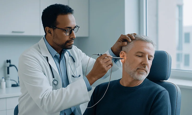 Microsuction or Irrigation for Earwax Build Up: Which Does Your ENT Recommend and Why? 9 ENT specialist examining an elderly patient's ear in a clinical setting.