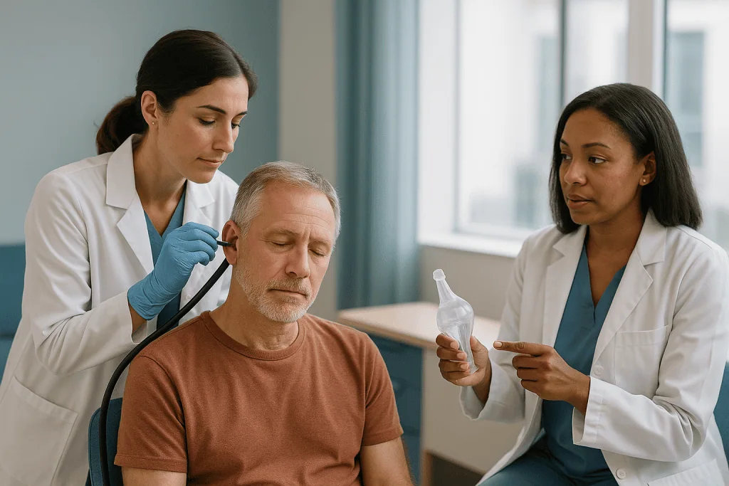 ENT physician examining patient's ear with otoscope: Microsuction vs irrigation earwax removal: the side-by-side view