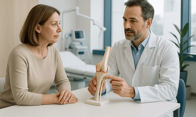 Orthopedic specialist explains knee joint model to patient in clinic.