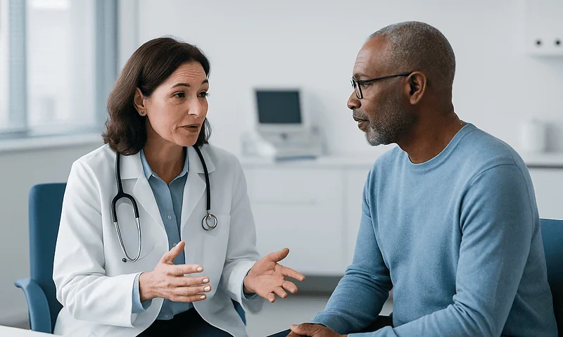Doctor consulting with patient in a medical office.