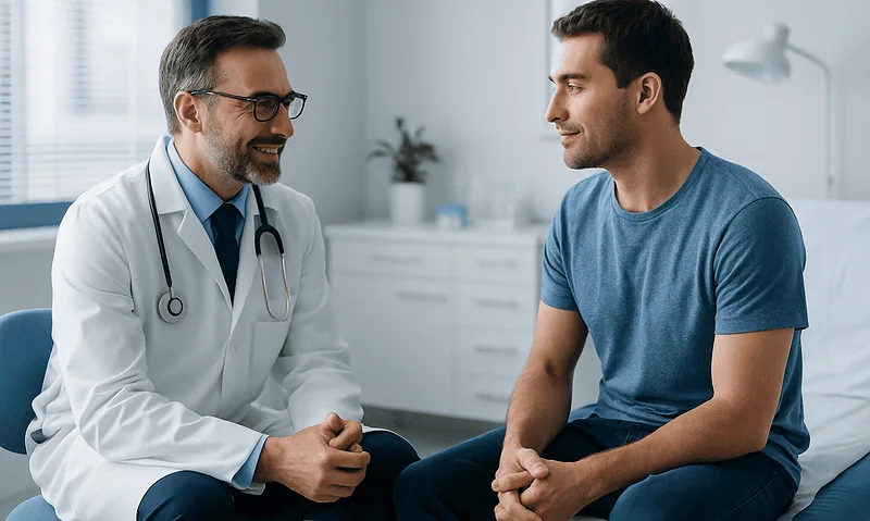 Urologist consulting with a patient in a medical office setting.