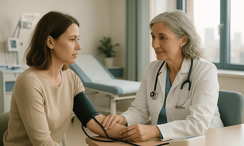 Doctor measuring patient's blood pressure in a clinical setting.