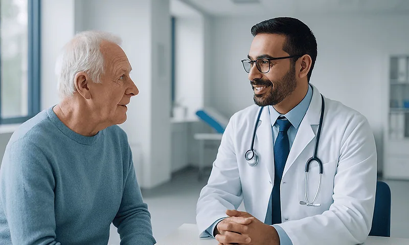 Doctor consulting with elderly patient in a modern hospital setting.