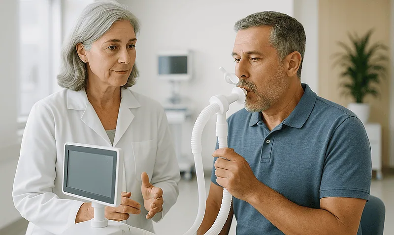 Doctor performing respiratory test on male patient in hospital setting.