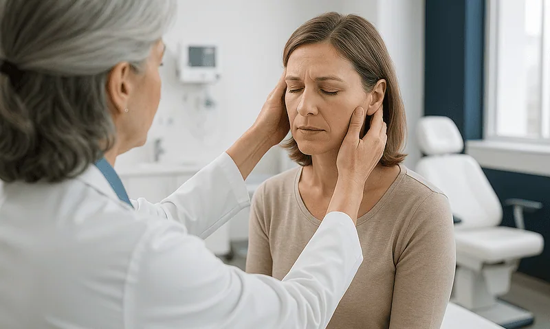 Doctor examines woman with headache in a medical clinic.
