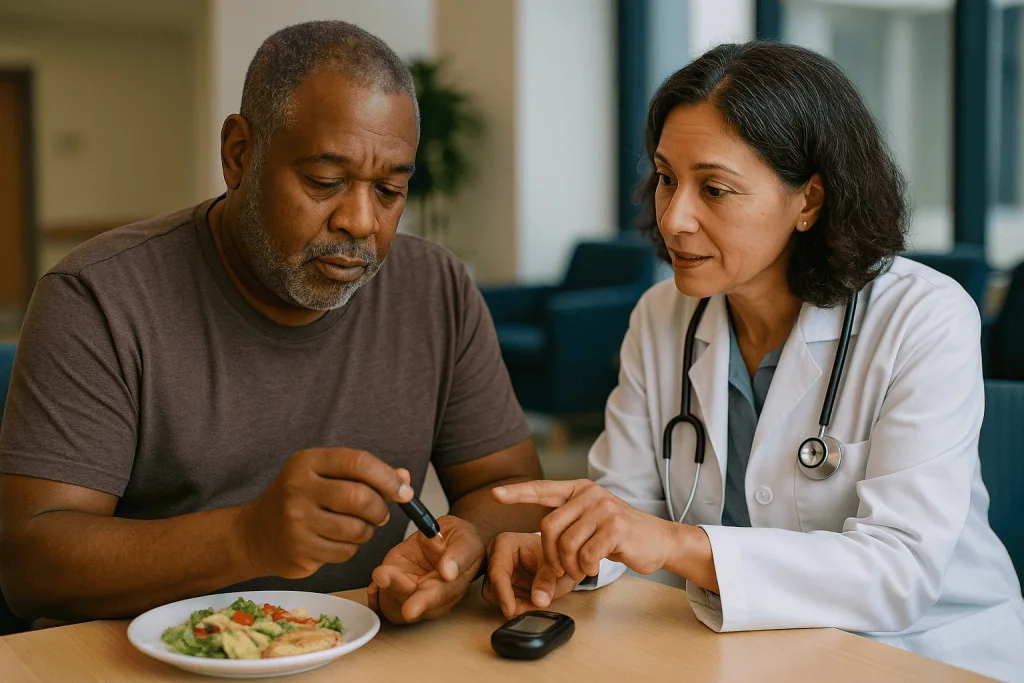 Doctor consulting patient about blood glucose monitoring: Mild and moderate nonproliferative retinopathy: the quiet years
