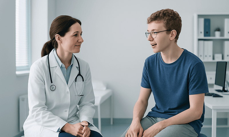 Doctor consulting with a young male patient in a medical office.