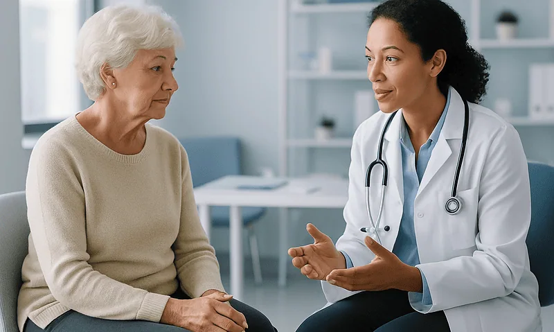 Doctor consulting with elderly woman about cognitive health in a clinic setting.
