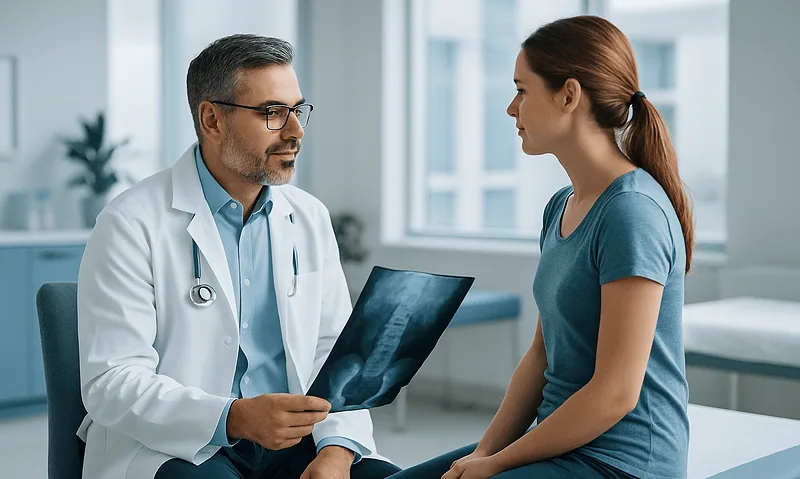 Doctor explaining spinal X-ray to a patient in a medical consultation.