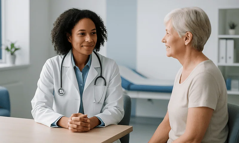 Doctor consulting with an elderly female patient in a medical office.