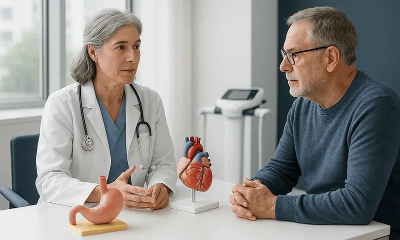 Doctor explaining gastric surgery options to a patient in a medical consultation.