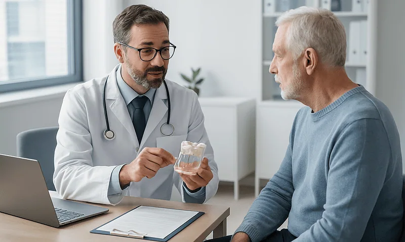 Dentist explaining dental implant options to an elderly patient in a clinic.