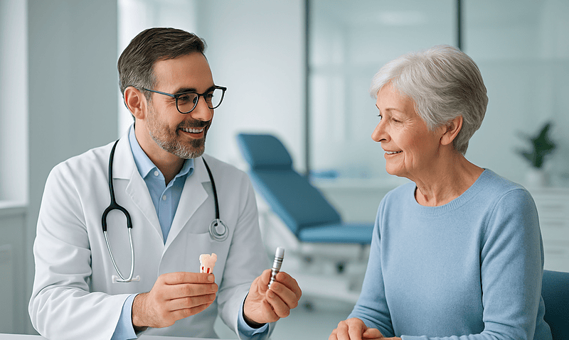 Dentist explaining dental implant options to an elderly woman in a clinic.