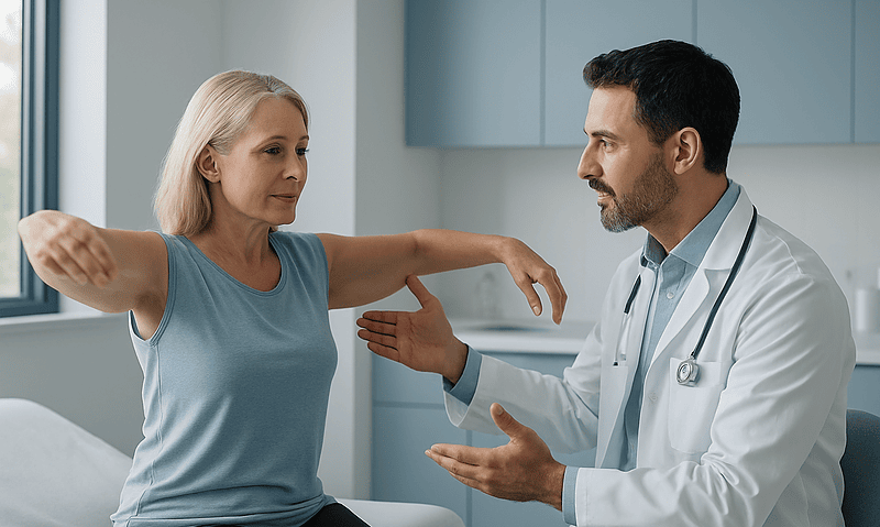 Doctor consulting with a woman patient in a medical office.