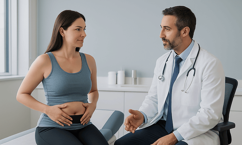 Doctor consulting with a woman patient in a medical office.