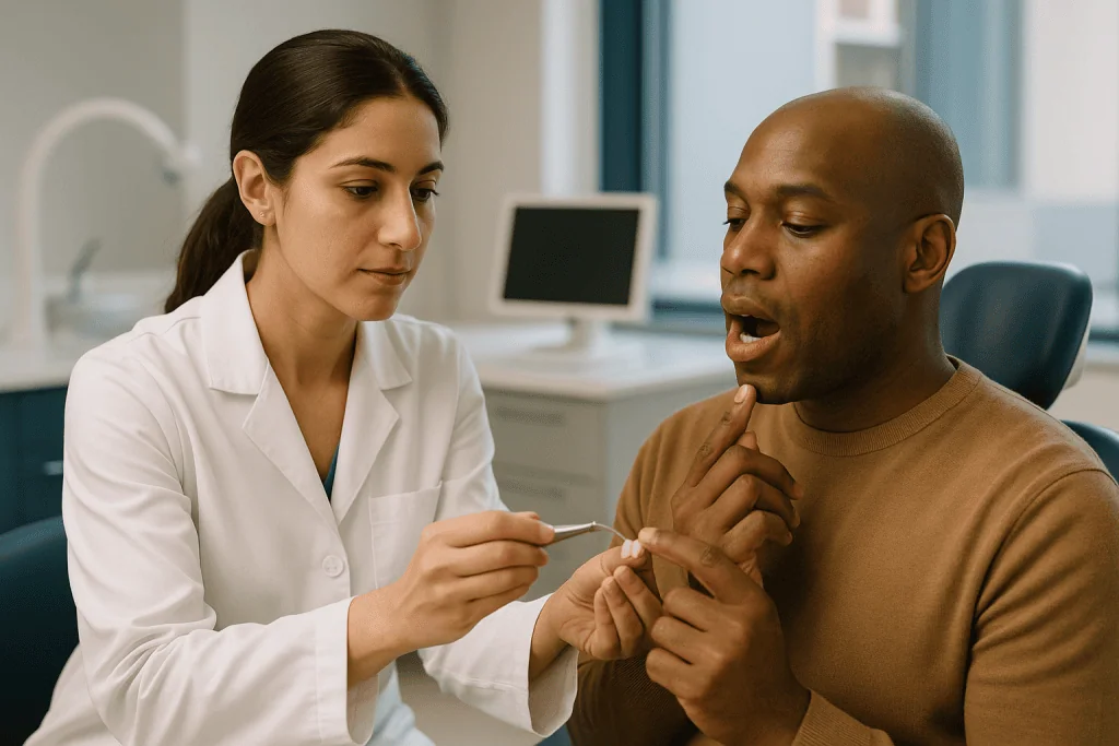 Dentist examining patient's mouth with dental tool: Minimal tooth preparation: what "minimal" really means in e-max crown pr