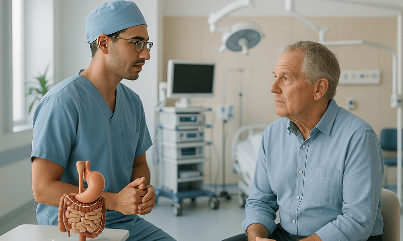 Doctor explaining minimally invasive surgery to an elderly patient in hospital.