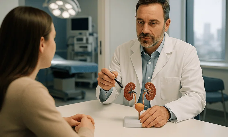 Urologist explaining kidney health to a patient in a medical office.
