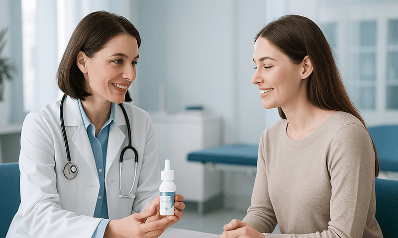 Doctor explaining Minoxidil to a patient in a clinic setting.