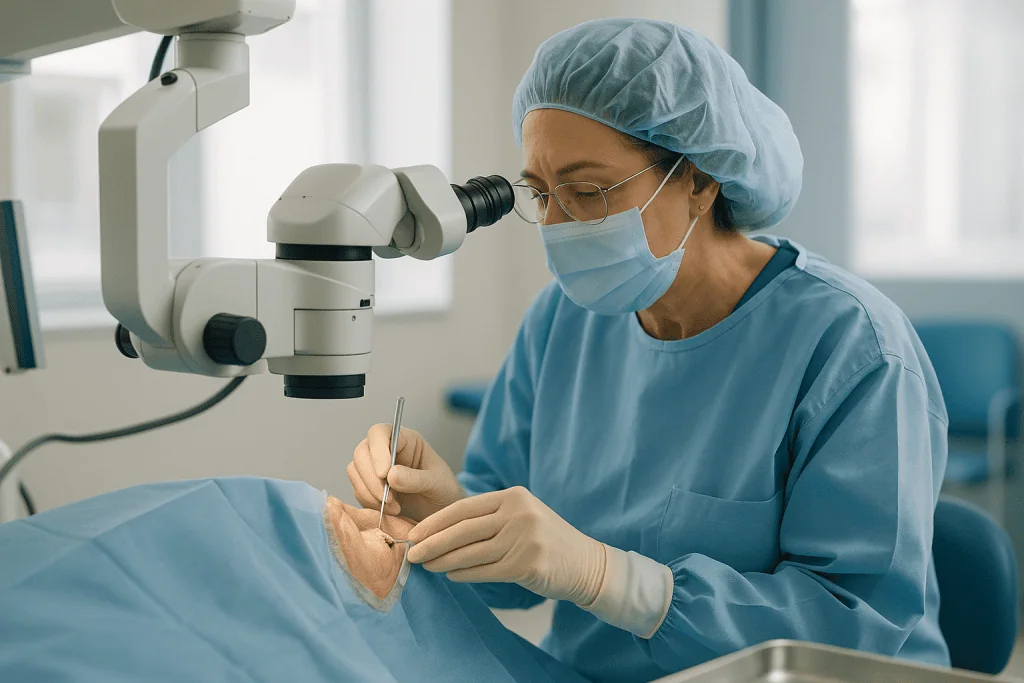 Surgeon performing precise eye surgery under operating microscope: Minute 5 to 8: the incision and the opening in the capsul