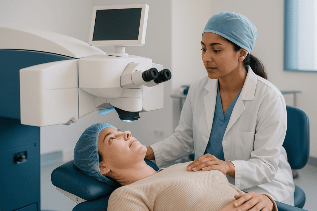 Ophthalmologist examining patient with slit lamp microscope: Minutes under the laser: how LASIK, PRK and SMILE differ from t