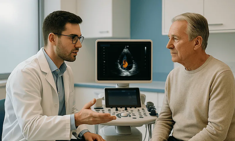 Doctor explaining mitral valve prolapse to patient in consultation room.