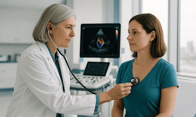 Cardiologist examines a patient with an ultrasound device in a hospital setting.