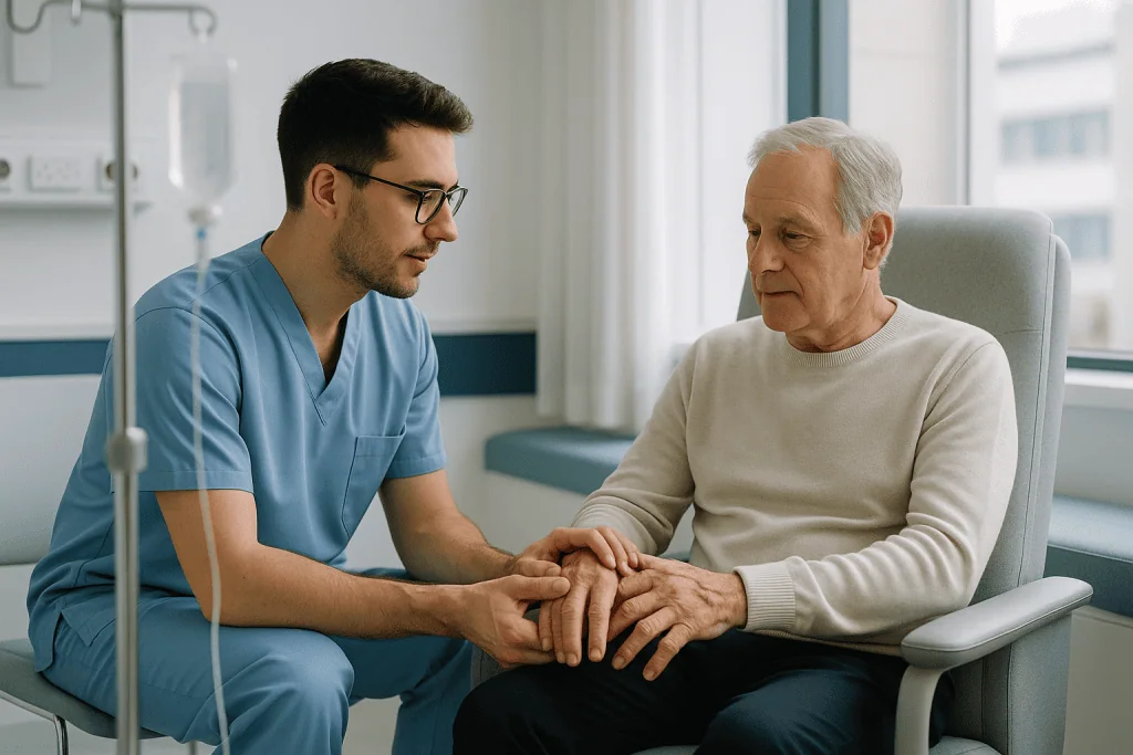 Mixed Connective Tissue Disease 1 Compassionate doctor comforting elderly patient in hospital room.