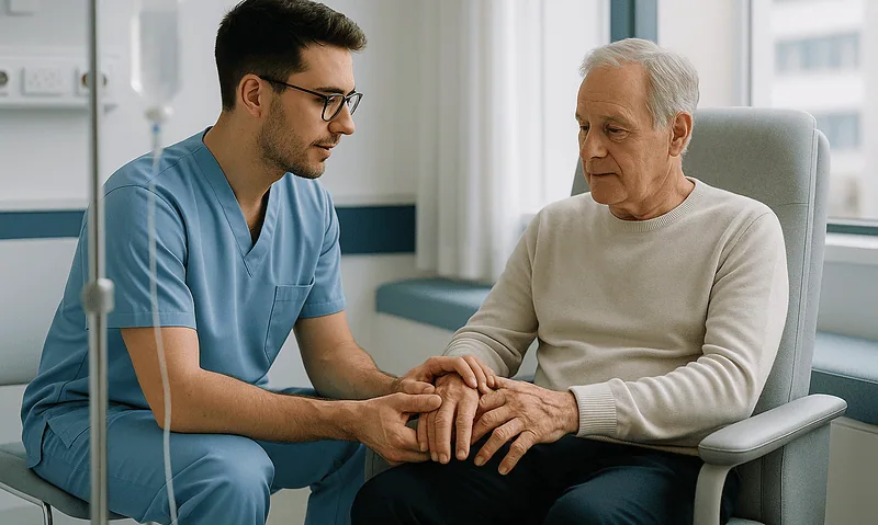 Compassionate doctor comforting elderly patient in hospital room.