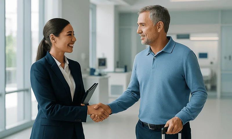 Businesswoman and man shaking hands at airport with luggage.